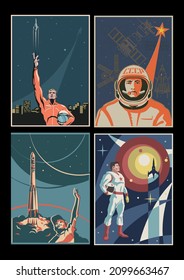 Retro Futurism Space Propaganda Posters, Astronauts and Cosmonauts, Space Rockets and Satellites