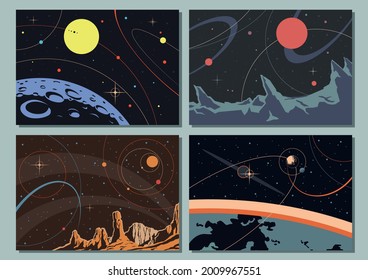 Retro Futurism Style Space Illustrations, Old Space Posters Backgrounds Template Set 