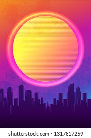 Retro Futurism. Vector futuristic synth wave illustration. 80s Retro poster Background with Night City Skyline. Rave party Flyer design template in 1980s style.