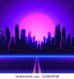 Retro Futurism. Vector futuristic synth wave illustration. 80s Retro poster Background with Night City Skyline. Rave party Flyer design template in 1980s style.