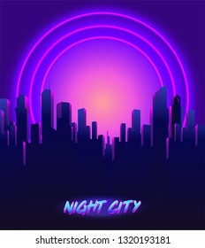 Retro Futurism. Vector futuristic synth wave illustration. 80s Retro poster Background with Night City Skyline. Rave party Flyer design template in 1980s style.
