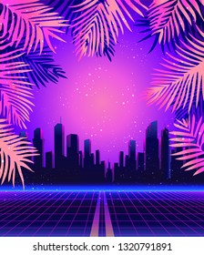 Retro Futurism. Vector futuristic synth wave illustration. 80s Retro poster Background with Night City Skyline. Rave party Flyer design template in 1980s style.
