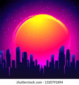 Retro Futurism. Vector futuristic synth wave illustration. 80s Retro poster Background with Night City Skyline. Rave party Flyer design template in 1980s style.