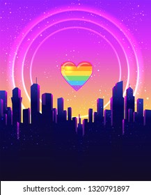 Futurismo Retro. Ilustración de onda de sintetización futurista vectorial. Corazón arcoiris, símbolo LGBT. Afiche de la Retro 80 con el Skyline de la ciudad nocturna. Plantilla de diseño de Rave party Flyer en estilo años 80.
