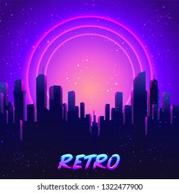 Retro Futurism. Vector Futuristic Synth Wave Illustration. 80s Retro Poster Background With Night City Skyline. Rave Party Flyer Design Template In 1980s Style.