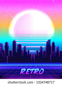 Retro Futurism. Vector futuristic synth wave illustration. 80s Retro poster Background with Night City Skyline. Rave party Flyer design template in 1980s style.
