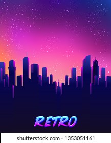 Retro Futurism. Vector Futuristic Synth Wave Illustration. 80s Retro Poster Background With Night City Skyline. Rave Party Flyer Design Template In 1980s Style.