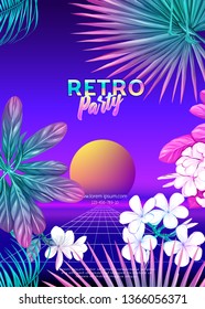 	
Retro Futurism. Vector futuristic synth wave illustration.  Rave party Flyer design template, background with tropical plants in 1980s style. 80s Retro poster, retrowave