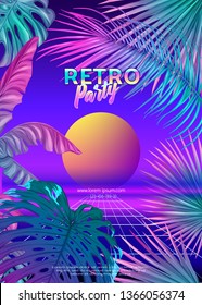 	
Retro Futurism. Vector futuristic synth wave illustration.  Rave party Flyer design template, background with tropical plants in 1980s style. 80s Retro poster, retrowave