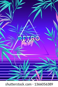 	
Retro Futurism. Vector futuristic synth wave illustration.  Rave party Flyer design template, background with tropical plants in 1980s style. 80s Retro poster, retrowave