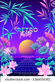 	
Retro Futurism. Vector futuristic synth wave illustration.  Rave party Flyer design template, background with tropical plants in 1980s style. 80s Retro poster, retrowave