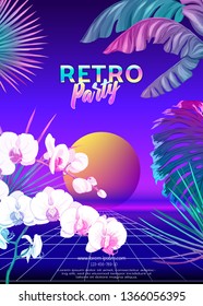 	
Retro Futurism. Vector futuristic synth wave illustration.  Rave party Flyer design template, background with tropical plants in 1980s style. 80s Retro poster, retrowave