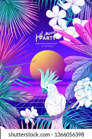 	
Retro Futurism. Vector futuristic synth wave illustration.  Rave party Flyer design template, background with tropical plants and birds in 1980s style. 80s Retro poster, retrowave