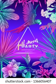 	
Retro Futurism. Vector futuristic synth wave illustration.  Rave party Flyer design template, background with tropical plants and birds in 1980s style. 80s Retro poster, retrowave