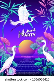 	
Retro Futurism. Vector futuristic synth wave illustration.  Rave party Flyer design template, background with tropical plants in 1980s style. 80s Retro poster, retrowave