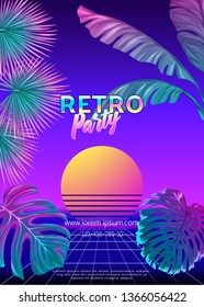 	
Retro Futurism. Vector futuristic synth wave illustration.  Rave party Flyer design template, background with tropical plants in 1980s style. 80s Retro poster, retrowave