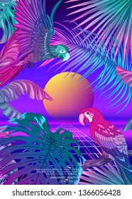 	
Retro Futurism. Vector futuristic synth wave illustration.  Rave party Flyer design template, background with tropical plants and birds in 1980s style. 80s Retro poster, retrowave