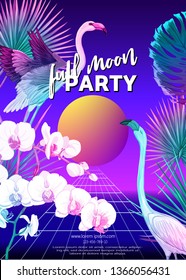 	
Retro Futurism. Vector futuristic synth wave illustration.  Rave party Flyer design template, background with tropical plants in 1980s style. 80s Retro poster, retrowave