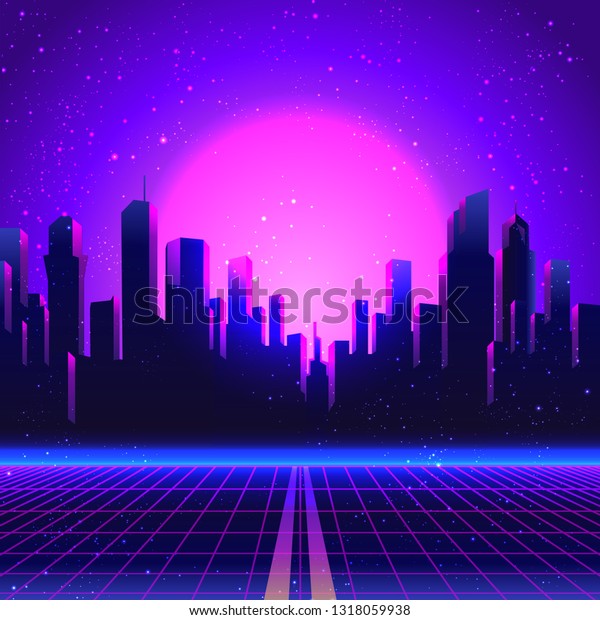 Retro Futurism. Vector\
futuristic synth wave illustration. 80s Retro poster Background\
with Night City Skyline. Rave party Flyer design template in 1980s\
style.