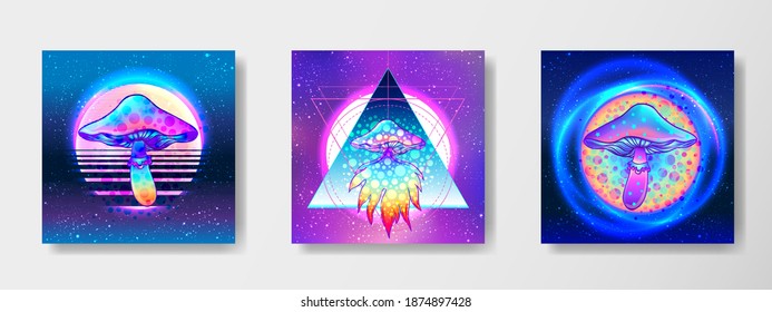 Retro futurism. Vintage 80s or 90s style background with magic mushrooms. Good design for textile t-shirt print design, flyer and poster. Futuristic vector illustration in bright neon colors.