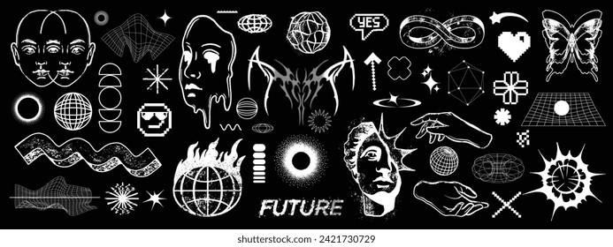 Retro futurism y2k sticker collection, vector brutalism retro wave design object set abstract shape. Contemporary cyber techno print, human face, globe hands grid. Retro futurism bitmap noise clipart