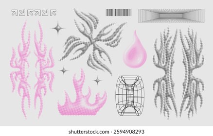 Retro futurism y2k stickers collection, 3d halftone brutalism retro wave design object set, geometric abstract shapes. Neo tribal cyber techno print, grids, flames. Retro futurism dotted noise clipart
