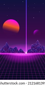 Retro futuristic 1980s style mountain landscape background glowing sun planet and vertical line laser. 80s Sci-fi digital space surface grid with bright neon light effect horizon vertical orientation