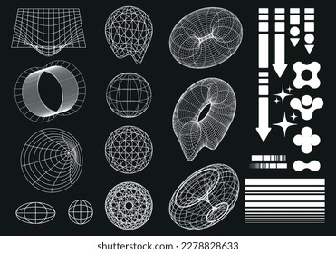 Retro futuristic 2000 style set. Surreal geometric shapes, donuts, stars, patterns, perspective grids.