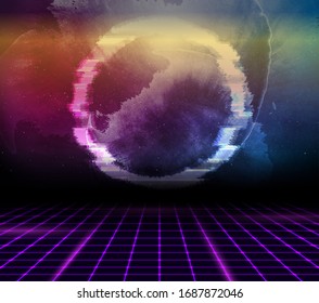 Retro futuristic 80s - 90s abstract hi-tech neon background with grunge galaxy sky and glitch effect. Vector poster design