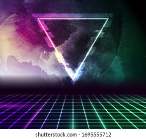 Retro futuristic 80s - 90s abstract hi-tech neon background with grunge galaxy sky and glitch effect triangle. Vector poster design