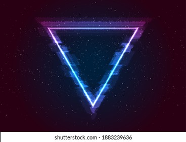 Retro futuristic 80s - 90s abstract hi-tech neon background with galaxy sky and glitch effect triangle. Vector poster design