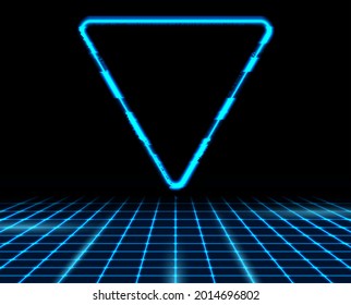 Retro futuristic 80s - 90s abstract hi-tech neon background with blue triangle. Vector poster design