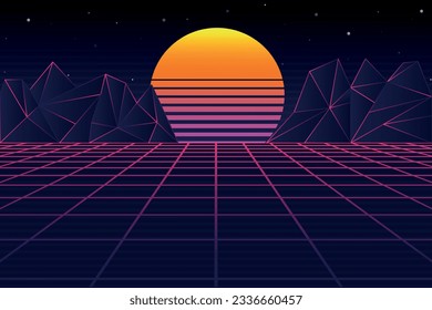Fondo retro futurista 80. Ilustración vectorial. Moderno fondo de moda para banners de diseño, afiches, portadas.