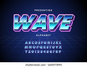 Retro Futuristic 80s font style  Vector alphabet and chrome effect template for game title  poster headline  old style