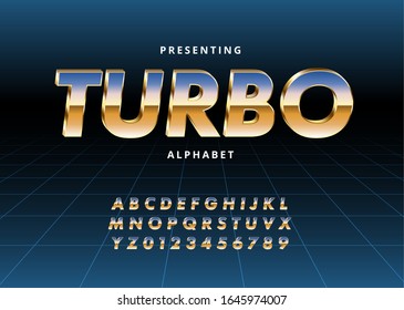 Retro Futuristic 80s font style. Vector alphabet with chrome effect template for game title, poster headline, old style