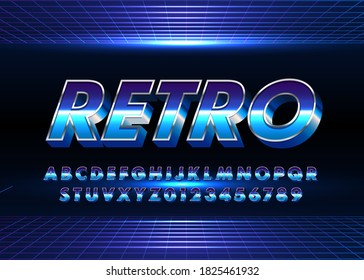 Retro Futuristic 80s Font Style. Vector Alphabet With Chrome Effect Template For Game Title, Poster Headline, Old Style