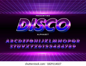 Retro Futuristic 80s font style. Vector alphabet with chrome effect template for game title, poster headline, old style