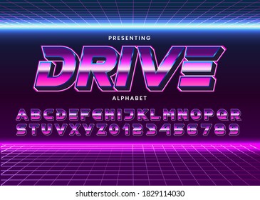 Retro Futuristic 80s Font Style. Vector Alphabet With Chrome Effect Template For Game Title, Poster Headline, Old Style