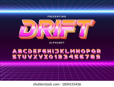 Retro Futuristic 80s font style. Vector alphabet with chrome effect template for game title, poster headline, old style