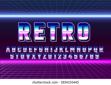 Retro Futuristic 80s font style. Vector alphabet with chrome effect template for game title, poster headline, old style