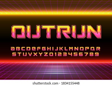 Retro Futuristic 80s font style. Vector alphabet with chrome effect template for game title, poster headline, old style