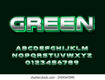 Retro Futuristic 80s font style. Vector alphabet with silver green chrome effect template for game title, poster headline, old style