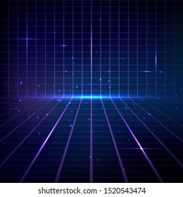 Retro futuristic abstract background made in 80s style. Blue abstract background with neon grids in vintage style. Vector illustration for your graphic design.