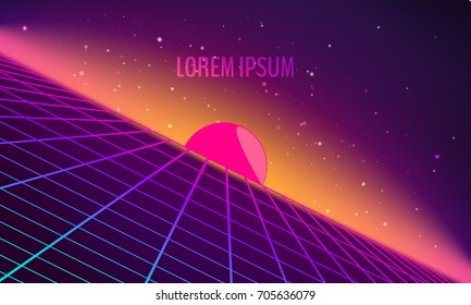 Retro futuristic abstract background made in 80s style. Abstract background with neon grids and sun rise in vintage style. Vector illustration for your graphic design.