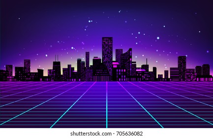 Retro futuristic abstract background made in 80s style. Abstract background with neon grids city silhouette in vintage style. Vector illustration for your graphic design.