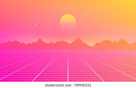 Retro futuristic abstract background made in 80s style. Abstract background with neon grids and mountains silhouette in vintage style. Vector illustration for your graphic design.