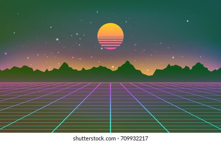Retro futuristic abstract background made in 80s style. Abstract background with neon grids and mountains silhouette in vintage style. Vector illustration for your graphic design.