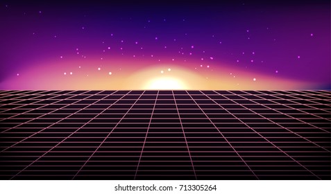 Retro futuristic abstract background made in 80s style. Abstract background with neon grids and sunset in vintage style. Vector illustration for your graphic design.