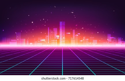 Retro futuristic abstract background made in 80s style. Abstract background with neon grids city silhouette in vintage style. Vector illustration for your graphic design.