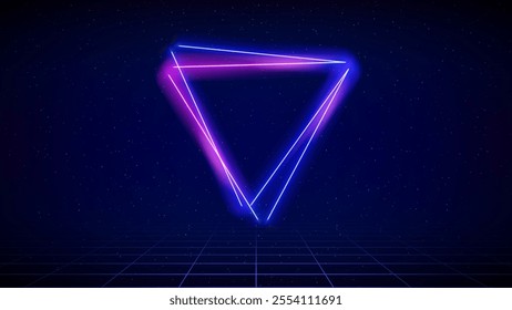 Retro futuristic abstract background. Synthwave 80s style, neon color. Shining triangle, laser, neon grid. 3d dark blue backdrop, digital template. Starry sky background, mesh grid floor. Vector